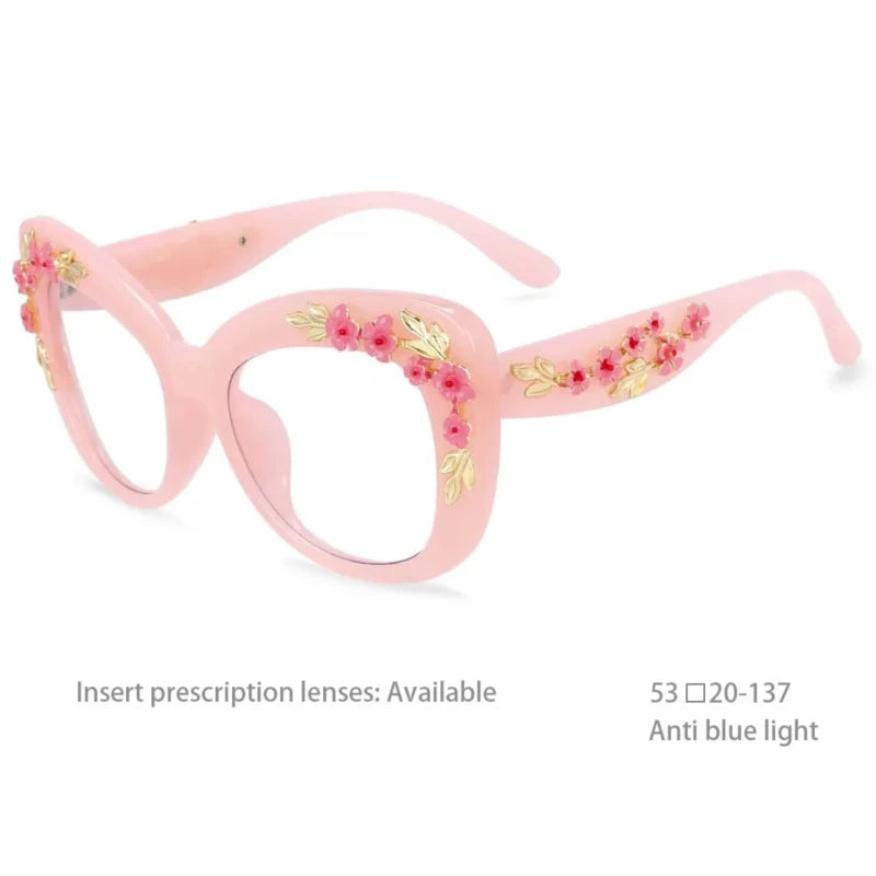 R54442 Women's Deluxe Large Frame Square Flower Presbyopia Glasses Frame Computer Glasses.+50~+100~+150