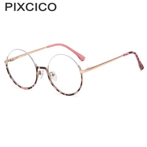 R54997 2022 New Women Metal Round Anti blue Glasses Retro Half frame Glasses Yellow Leopard Pattern Reading Glasses