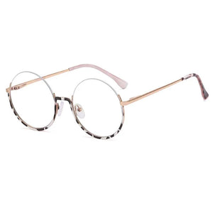 R54997 2022 New Women Metal Round Anti blue Glasses Retro Half frame Glasses Yellow Leopard Pattern Reading Glasses