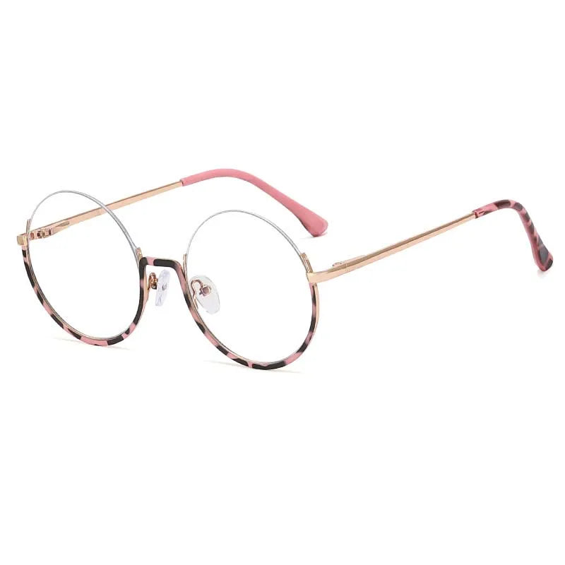 R54997 2022 New Women Metal Round Anti blue Glasses Retro Half frame Glasses Yellow Leopard Pattern Reading Glasses