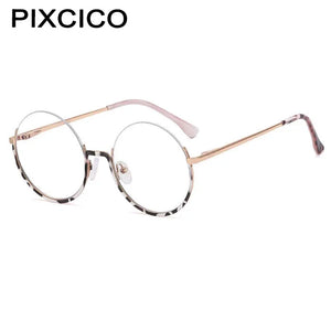R54997 2022 New Women Metal Round Anti blue Glasses Retro Half frame Glasses Yellow Leopard Pattern Reading Glasses