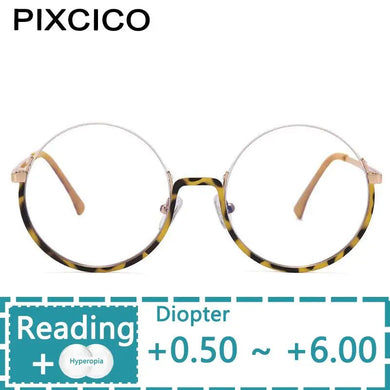 R54997 2022 New Women Metal Round Anti blue Glasses Retro Half frame Glasses Yellow Leopard Pattern Reading Glasses
