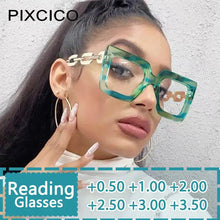 Carica l&#39;immagine nel visualizzatore di Gallery, R56464 Oversized Frame Square Women&#39;s Reading Mirror +1.00 +2.00 +3.00 Leg Chain Hollowed Out Design Presbyopia Glasses