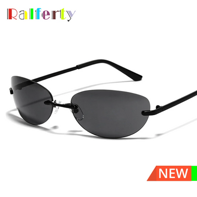Ralferty Cool Rimless Cat Eye Sunglasses Men Women UV400  Vintage Designer Steampunk Black Sun Glasses Male Retro Shades