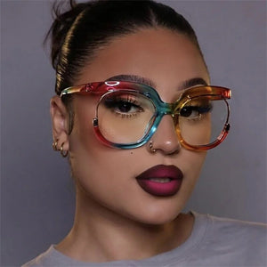 Retro Square Rainbow Flat Mirror Glass Women    Big Round Frame Clear Glasses Frame Myopia Fashion Eyeglasses Frames