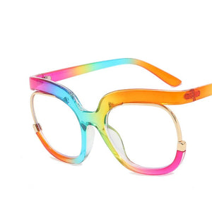 Retro Square Rainbow Flat Mirror Glass Women    Big Round Frame Clear Glasses Frame Myopia Fashion Eyeglasses Frames