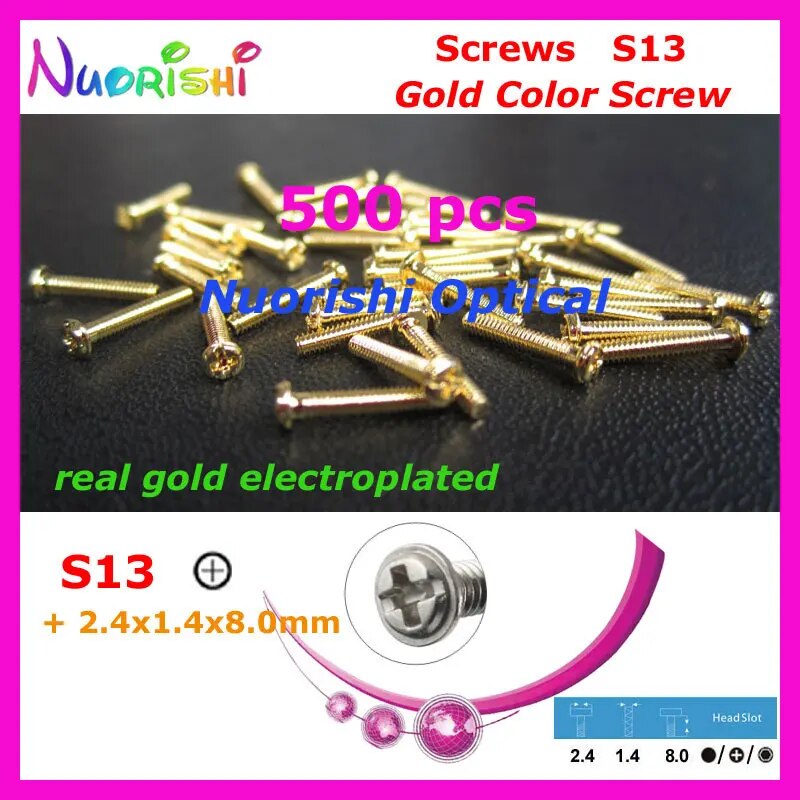 S13 2.4x1.4x8.0mm 500pcs Gold Electroplating Sunglasses Eyewear Eyegalsses Screws Free Shipping