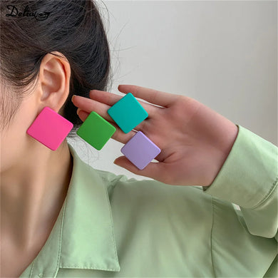 S925 Silver Color Square Earrings Frosted Paint Geometric Exaggeration Candy Color INS Korea Solid Color Acrylic Ring 2024 New
