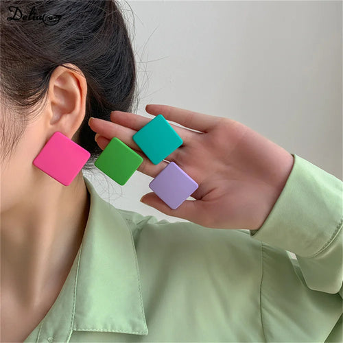 S925 Silver Color Square Earrings Frosted Paint Geometric Exaggeration Candy Color INS Korea Solid Color Acrylic Ring 2024 New