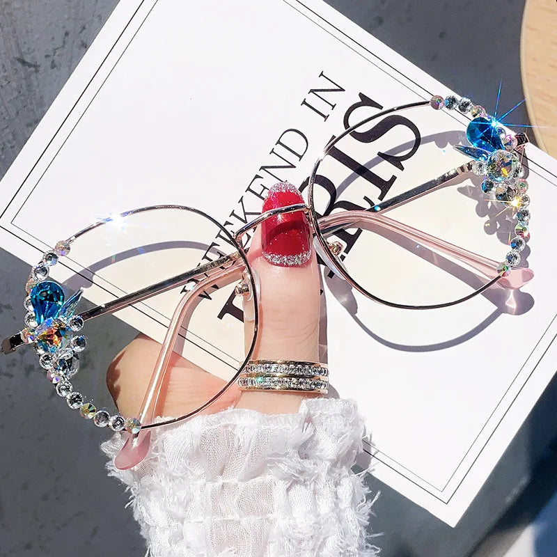 Shiny Diamonds Square Glasses Women   Rhinestone Alloy Frame Clear Lens Eyewear Female Trends Punk Eyeglasses Shades Oculos