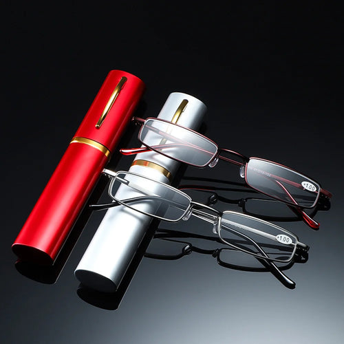 Unisex Reading Glasses With Pen Tube Case Portable Presbyopic Glasses Metal Case Spring Hinge Eyeglasses Vision Care +1.00~+4.00