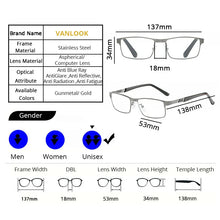 Load image into Gallery viewer, Vanlook Business Men&#39;s Reading Glasses Anti Blue Ray For Computer Half Frame Stainless Steel Presbyopic Glasses 1.0 1.5 2.0 2.5
