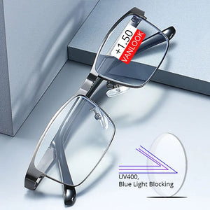 Vanlook Business Men's Reading Glasses Anti Blue Ray For Computer Half Frame Stainless Steel Presbyopic Glasses 1.0 1.5 2.0 2.5
