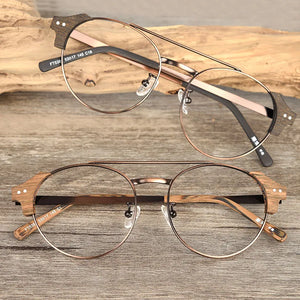 Wood Optical Glasses Frame Men Ultralight Round Myopia Prescription Eyeglasses  Male Metal Full Screwless Eyewear Clear Lens