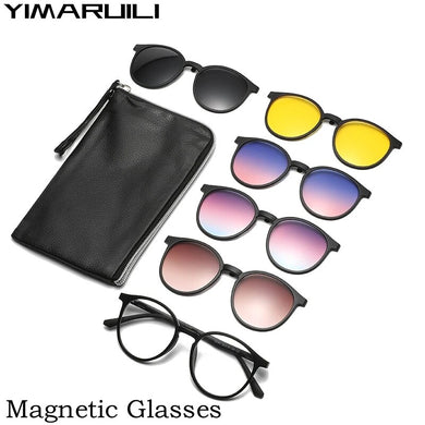 YIMARUILI Ultra-light Fashion 1+5 Magnetic Clip TR90 Round Retro Square Optical Prescription Eyeglasses Frame For Men and Women