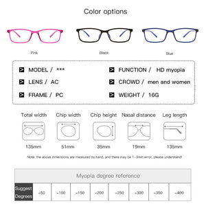 -0.5 -1 -1.5 -2 -2.5 -3 -3.5 -4 Myopia Glasses Men Women  Anti-Blue Light Eyeglasses Vintage Pink Black Square Eyeware