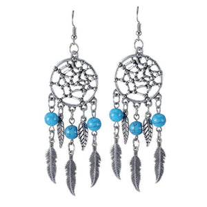 1 Pair Retro Silver Color Dream Catcher Blue Stone Bead Feathers Dangle Hook Earrings