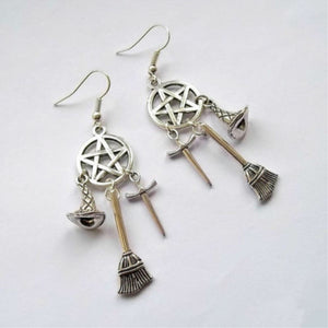 1 Wiccan Charm, Pagan, Witches Earrings, Sword, Witches Hat, Pentacle Drop Earring