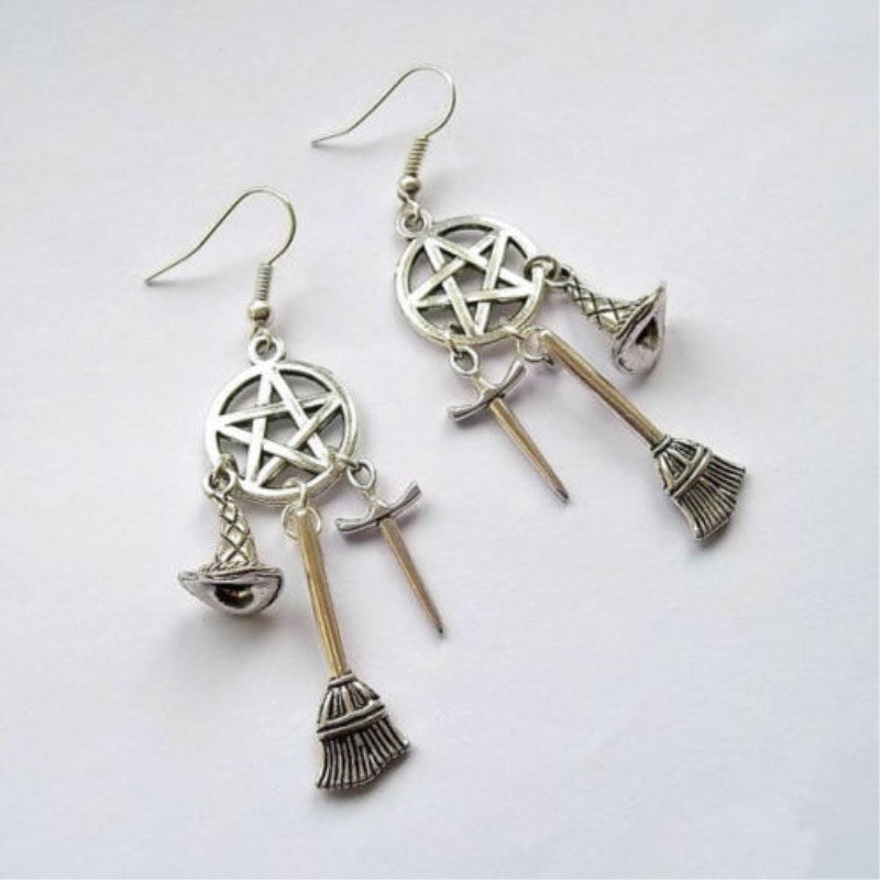 1 Wiccan Charm, Pagan, Witches Earrings, Sword, Witches Hat, Pentacle Drop Earring