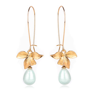 1 pair Vintage Brincos Drop Earrings Chic Orchid Flower Imitation pearls Hook Dangle Earring For Women Party Jewelry Accessories