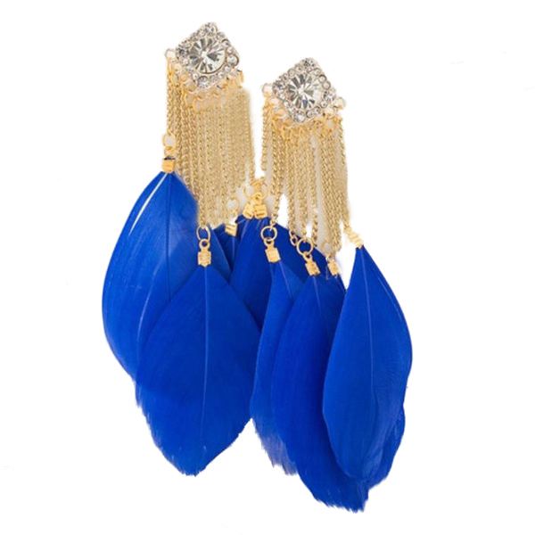 1 pair women Fashion Bohemian Handmade Vintage Feather Rhinestone Long Drop Earrings Dangle Blue