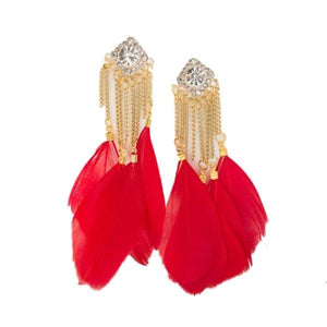 1 pair women Fashion Bohemian Handmade Vintage Feather Rhinestone Long Drop Earrings Dangle Red