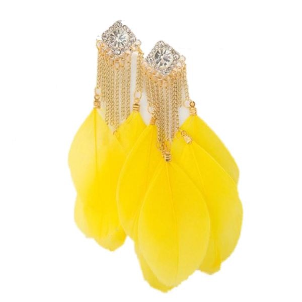 1 pair women Fashion Bohemian Handmade Vintage Feather Rhinestone Long Drop Earrings Dangle Yellow