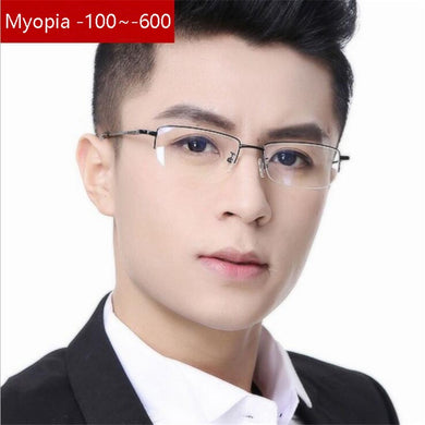 -100 -150 -200 To -600 Half Frame Finished Myopia Glasses Ultralight Metal Square Men's Nearsighted Glasses Women Men