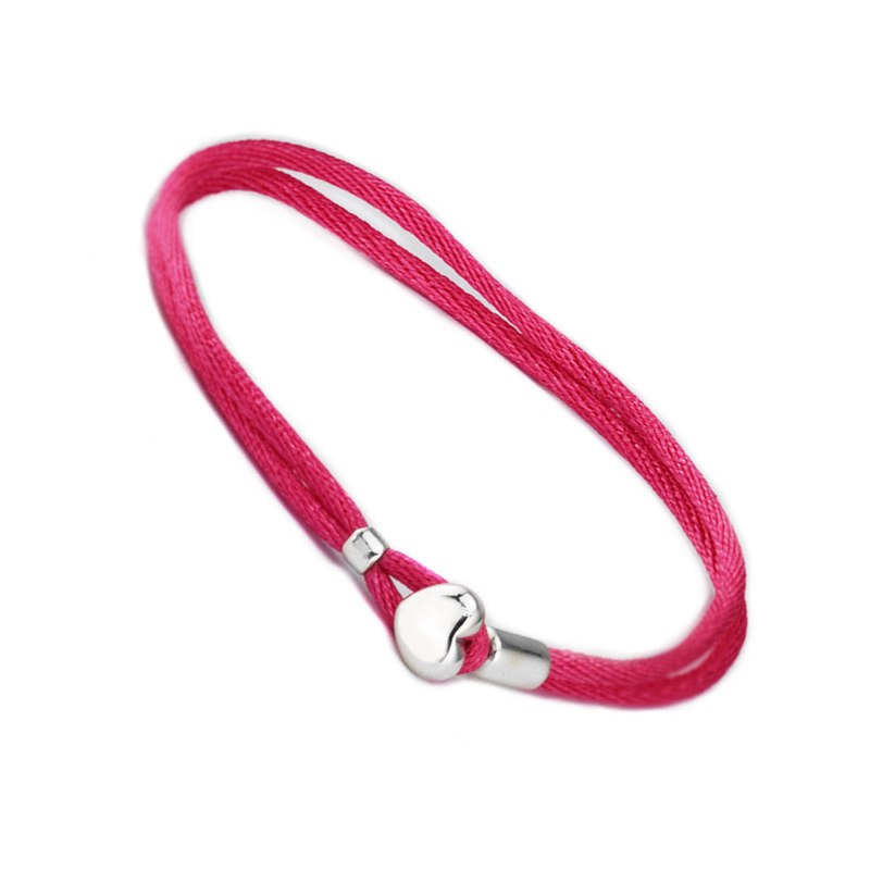 100% 925 Sterling Silver Button Hot Pink Fabric Cord Bracelet Fit Charm Beads Diy Fine Jewelry for Women Gift PFB805