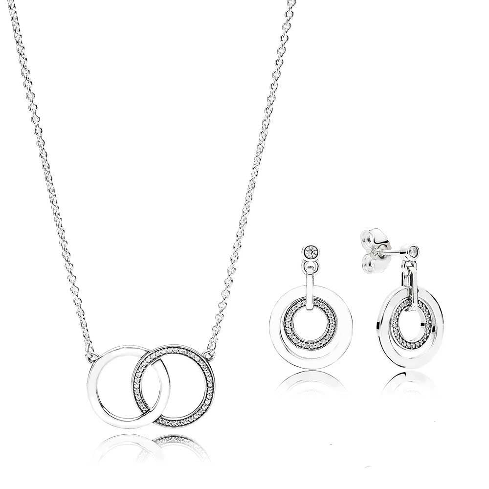 100% 925 Sterling Silver Circles Gift Set Original Clear CZ Fit Charms Necklace With Earring Diy Jewelry