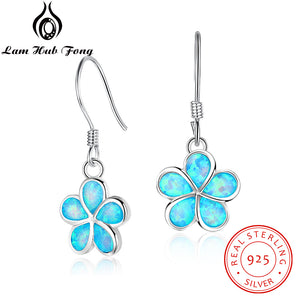 100% 925 Sterling Silver Costume Jewelery earrings Hanging With Blue Opal Stone Silver flowers Earrings For Women(Lam Hub Fong)