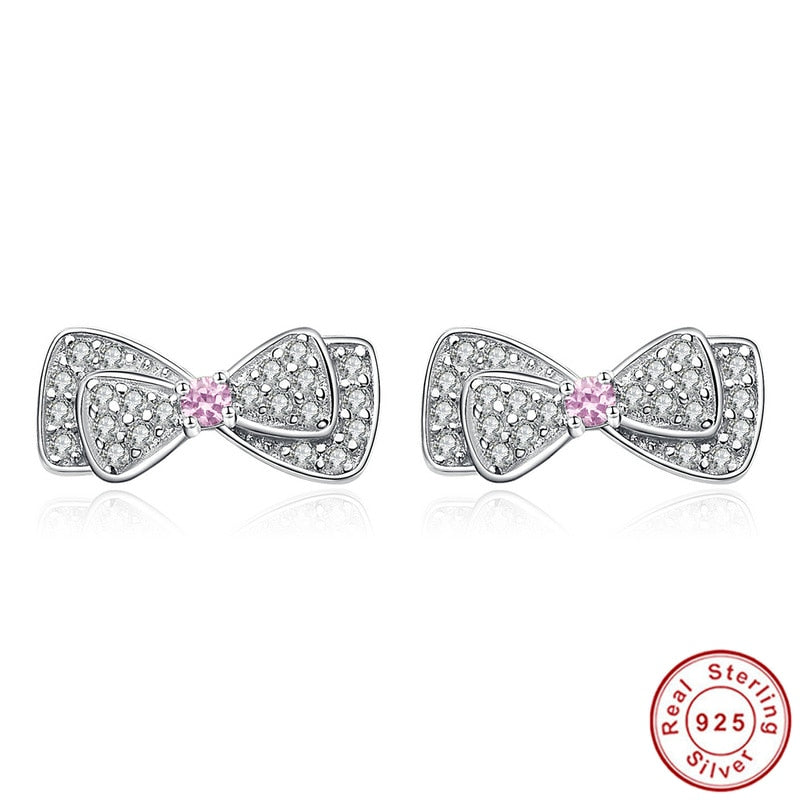 100% 925 Sterling Silver Cute Stud Earrings for Children Girls Kids Jewelry,925 silver Shimming Pink CZ Bowknot earrings Brincos