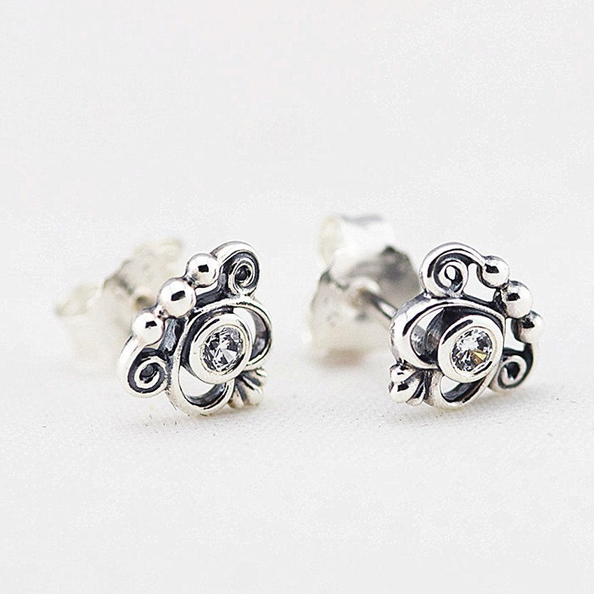 100% 925 Sterling Silver Jewelry My Princess Silver Stud Earrings with Clear CZ Earrings for Women DIY Charms Jewelry FLE034