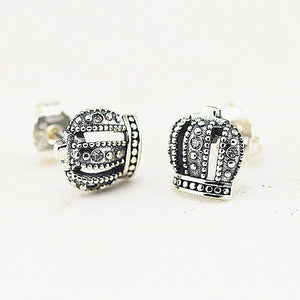 100% 925 Sterling Silver Jewelry Ro Crown Stud Earrings with Clear CZ Earrings for Women DIY Charms Jewelry FLE032