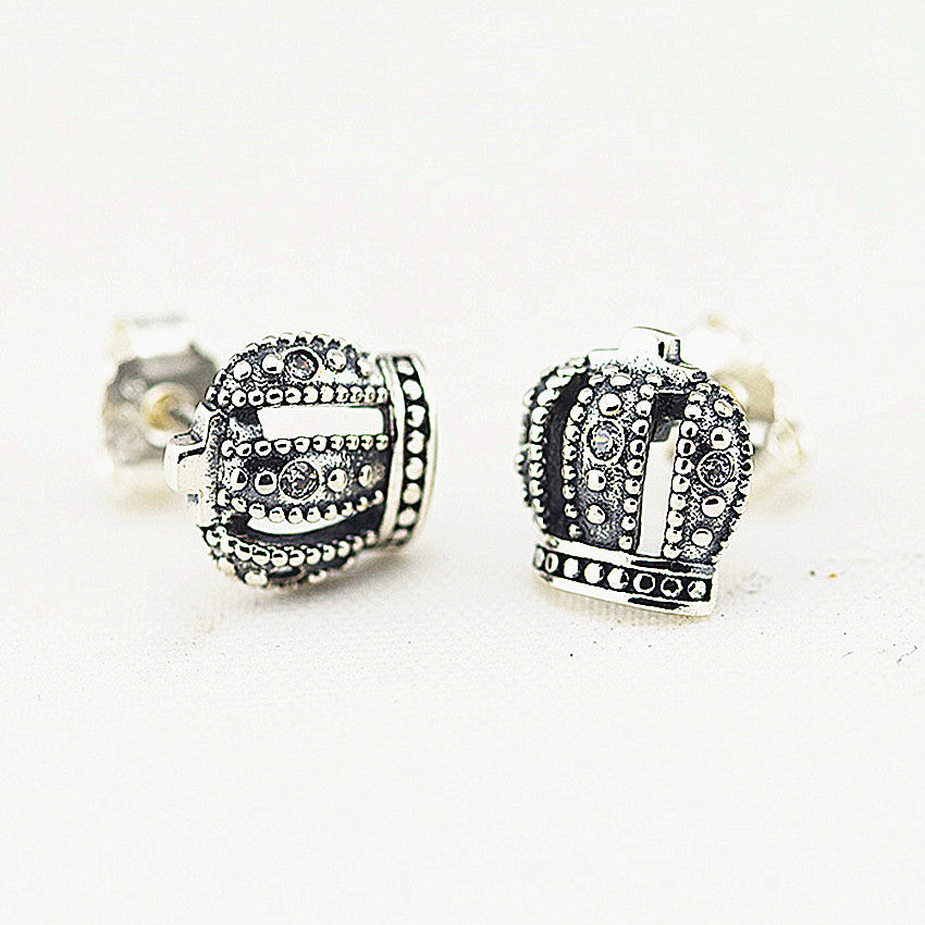 100% 925 Sterling Silver Jewelry Ro Crown Stud Earrings with Clear CZ Earrings for Women DIY Charms Jewelry FLE032