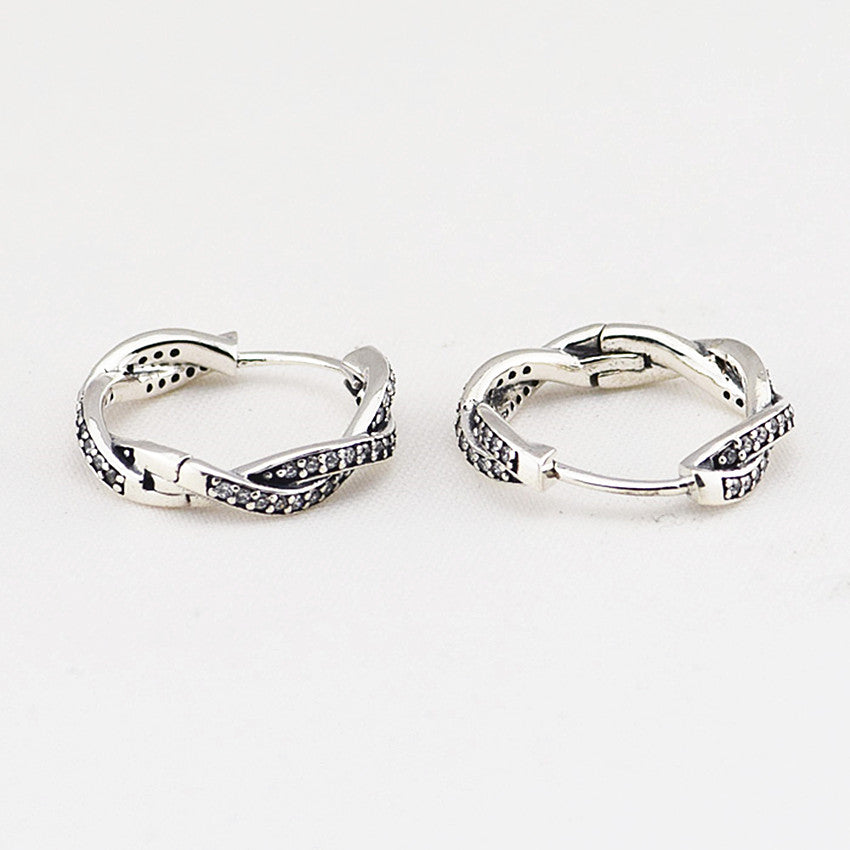 100% 925 Sterling Silver Jewelry Twist of Fate Silver Hoop Earrings with Clear CZ Earrings for Women DIY Charms Jewelry FLE036