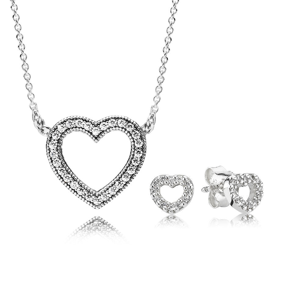100% argento sterling 925 CUORI AMANTI COLLANA E ORECCHINI SET REGALO Original Clear CZ Fit Charms Gioielli fai da te 