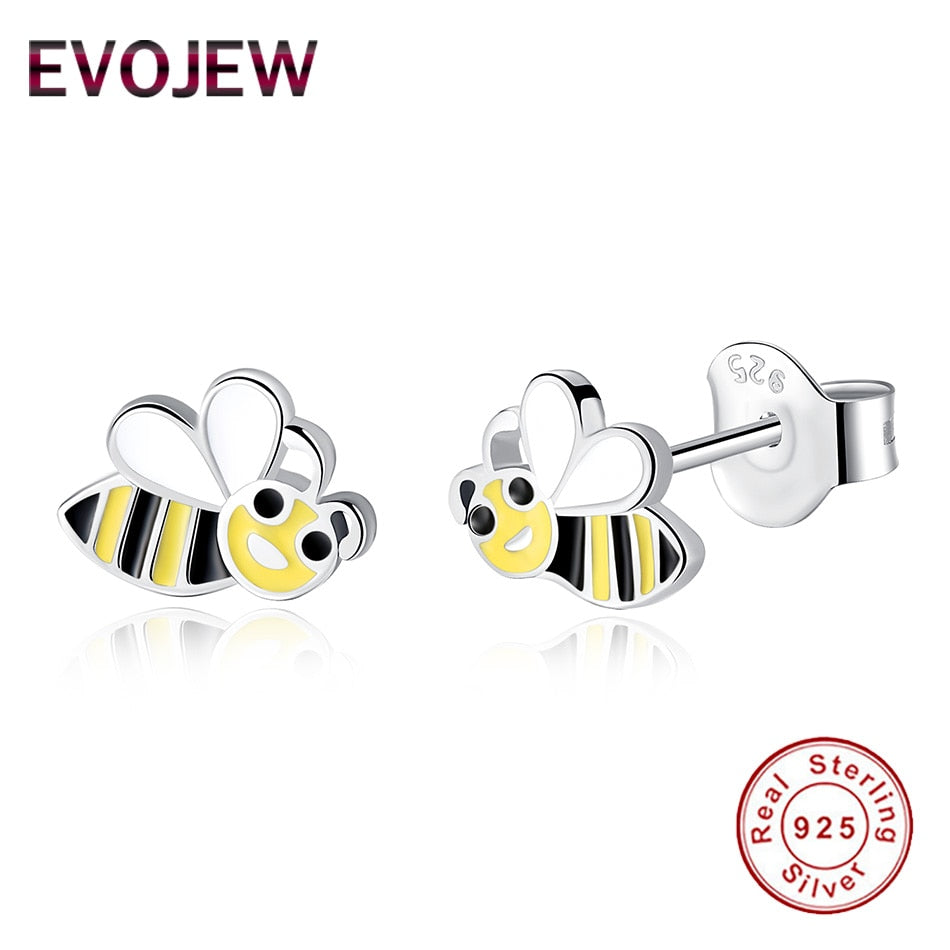 100% 925 Sterling Silver Lovely Honeybee Animal Stud Earrings For Girls & Kids Tiny Cute Honey bee Cartoon Earrings Jewelry Gift