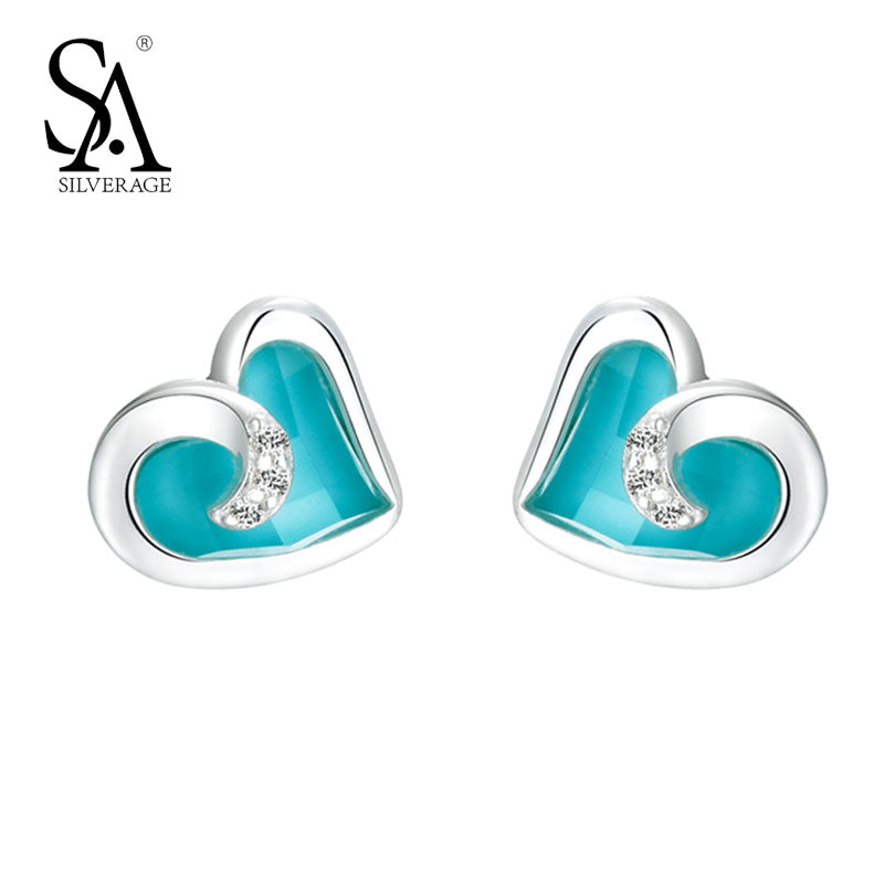 100% 925 Sterling Silver Turquoise Hearts Stud Earrings for Women Engagement Romance Witness Love Jewelry Earrings