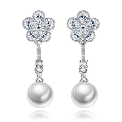 100% 925 sterling silver fashion imitation pearl crystal flower ladies`stud earrings jewelry Anti allergy drop shipping