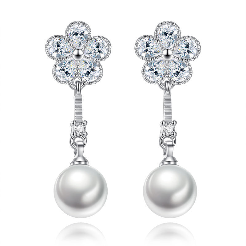 100% 925 sterling silver fashion imitation pearl crystal flower ladies`stud earrings jewelry Anti allergy drop shipping