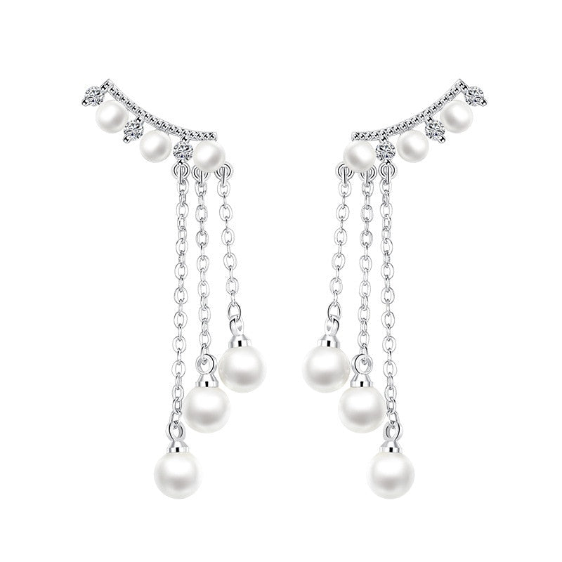 100% 925 sterling silver fashion imitation pearl crystal ladies`tassels stud earrings jewelry wholesale Anti allergy women