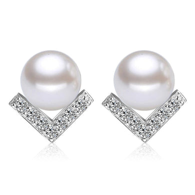 100% 925 sterling silver fashion triangle imitation pearl shiny crystal ladies`stud earrings women jewelry female gift wholesale
