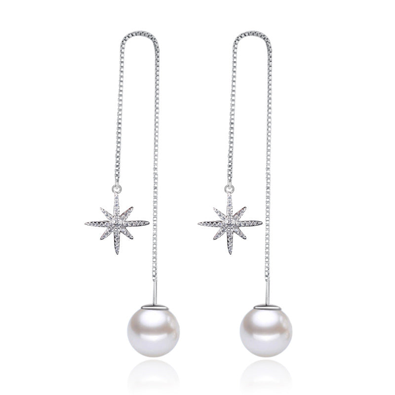 100% 925 sterling silver high quality fashion shiny crystal imitation pearl ladies`long stud earrings jewelry women female gift