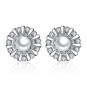 100% 925 sterling silver sunflower shiny crystal imitation pearl stud earrings for women wholesale jewelry gift drop shipping