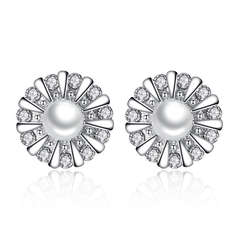 100% 925 sterling silver sunflower shiny crystal imitation pearl stud earrings for women wholesale jewelry gift drop shipping
