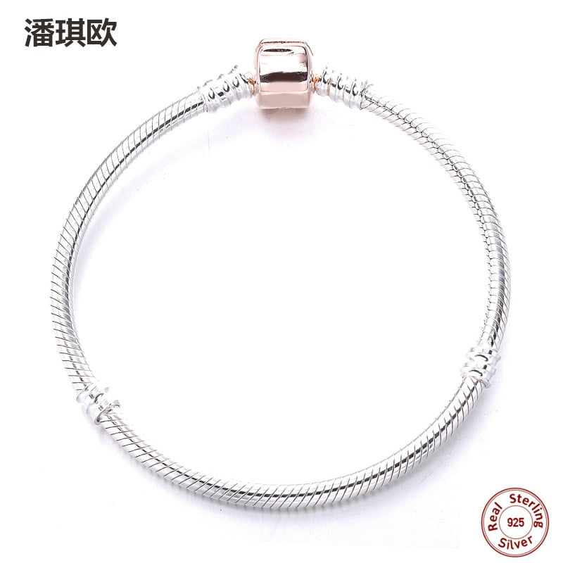 100% Authentic 925 sterling silver rose gold buckle bracelet Snake chain For women Fit original pandora bracelet DIY jewelry
