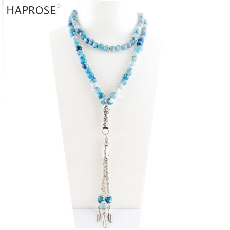 Preghiera di agata naturale al 100% islamica musulmana tasbih Allah Rosario braccialetti di agata strutturata blu 99 perline blu 6-10mm collana con nappa 