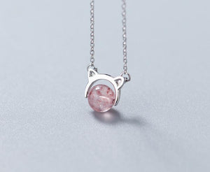 100% REAL. 925 Sterling Silver FINE Jewelry Natural Strawberry Quartz Stone into the Kitten cat Necklace pendant lovely GTLx1704