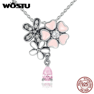 100% Real 925 Sterling Silver Poetic Daisy Cherry Blossom Pendant Necklaces With Pink CZ For Women Jewelry Girlfriend Gift